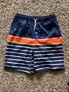 Boys Lands End Navy Stripe Swim Trunks with Orange Accent